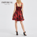 Floral Woven A Line Mini Party Satin Dress Square Neck Prom Red And Black Dress